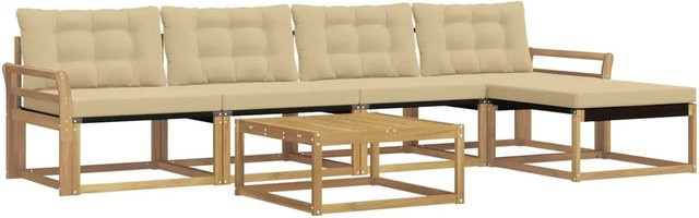 vidaXL Outdoor-Sofagarnitur aus Akazienholz in L-Form mit 6 Teilen, Weiß und Beige, inklusive Polster und Couchtisch - Bild 1