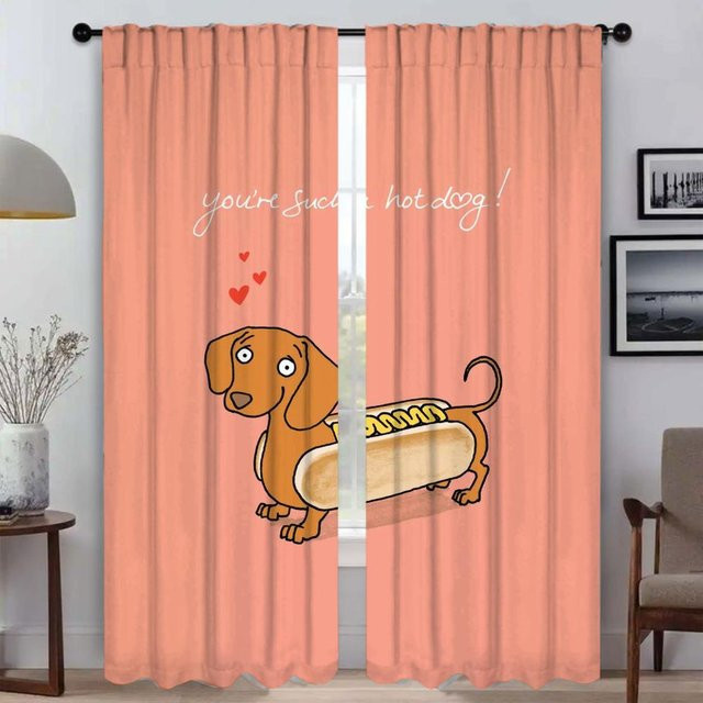 2er-Set Verdunkelungsvorhänge mit Dackel-Motiv für das Wohnzimmer, Mückenschutz und Raumteiler, Farbe: Braun, Breite: 50 cm, Höhe: 70 cm - Bild 1
