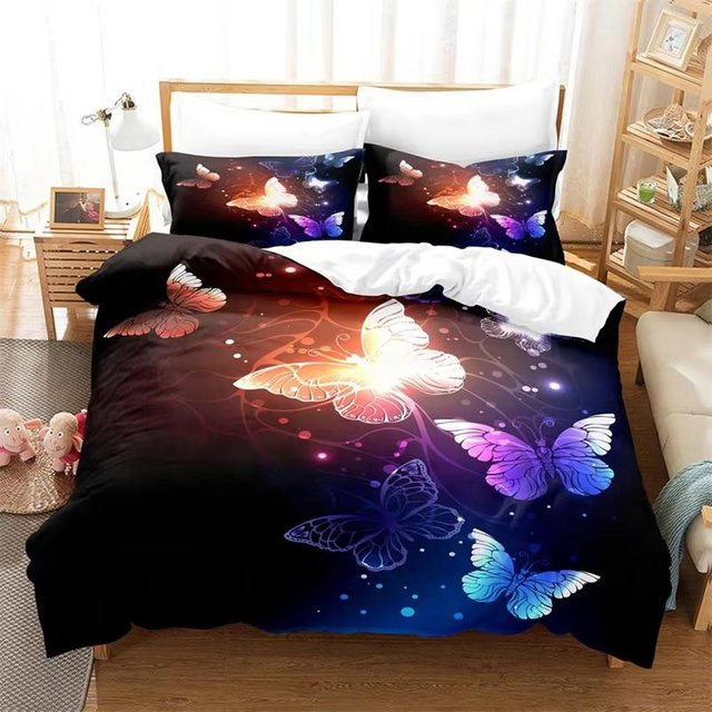 Bettwäscheset Jessica Chen mit buntem Schmetterlingsdruck und floralem Design aus Mikrofaser, 3-teilig, B/H: 135 x 200 cm - Bild 1