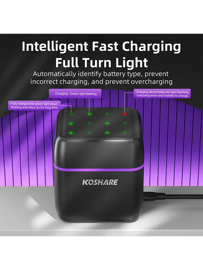 KOSHARE Akku-Ladegerät-Set mit wiederaufladbaren Li-Ionen-Akkus AA 4255 mWh und AAA 1100 mWh sowie Smart Schnell-Lade-Etui und 12-Fach LED-Anzeige - Bild 4