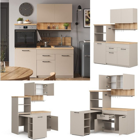 Vicco Singleküche Egbert in Greige Eiche mit ausziehbarem Tisch, Breite: 160 cm
