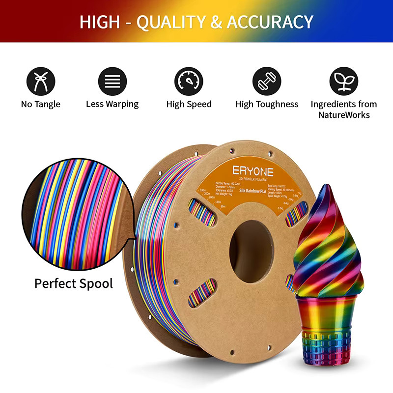 ERYONE PLA Silk Twist Rainbow Premium Shiny 3D-Druck Filament, Mehrfarbig, 250g - Bild 4