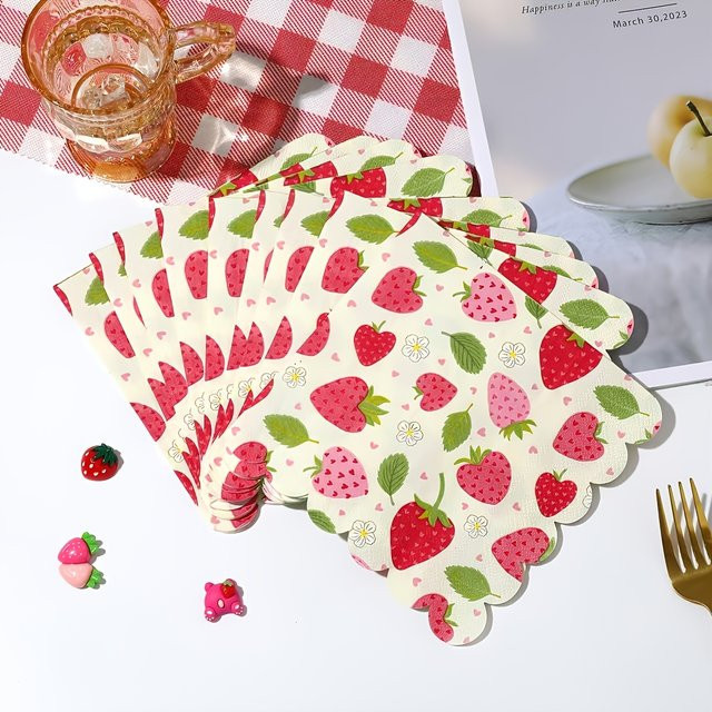 Einweg-Papierservietten mit Erdbeer-Muster in Rot und Weiß für Hochzeit und Geburtstag - Bild 1