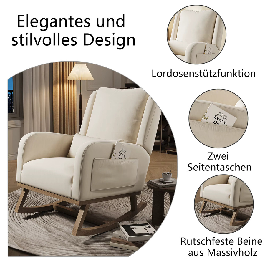 Anajqaqia Schaukelstuhl aus Leinen in Weiß mit hoher Rückenlehne und Lendenkissen als gepolsterter Relaxsessel für dein Wohnzimmer - Bild 4