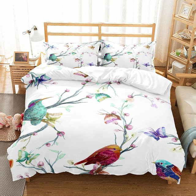 Bettwäsche Set Binchi Outdoor Product mit Aquarell Vögeln und Blumen in Weiß, Material Mikrofaser, B/H: 135 x 200 cm - Bild 1