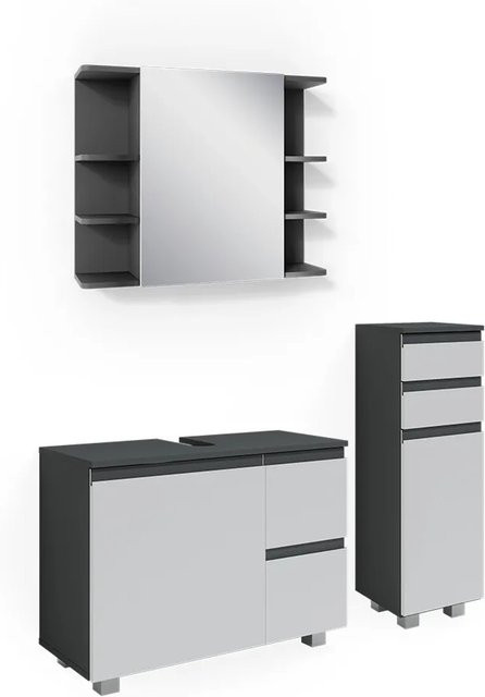 Vicco Badmöbelset J-Shape in Weiß und Anthrazit, modernes 3-teiliges Badezimmer-Set mit Spiegelschrank, Waschtischunterschrank und Midischrank - Bild 2