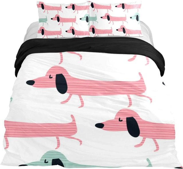 Bettwäscheset Your Warm Home mit Cartoon-Dackel Motiv, 3-teiliges Set aus Polyester in Weiß, B/H: 210 x 210 cm - Bild 1