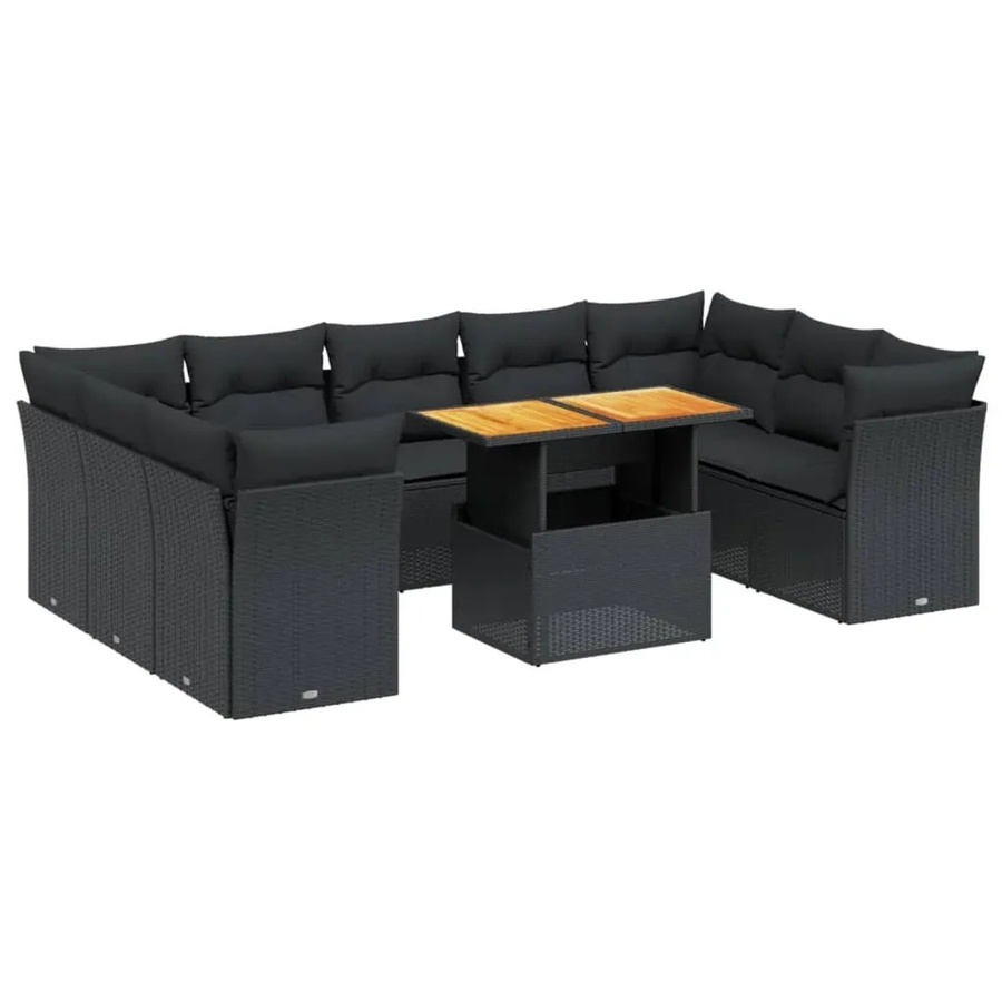 vidaXL 10-tlg. Garten-Sofagarnitur aus Polyrattan in Schwarz mit Kissen und Tisch, L-Form - Bild 2