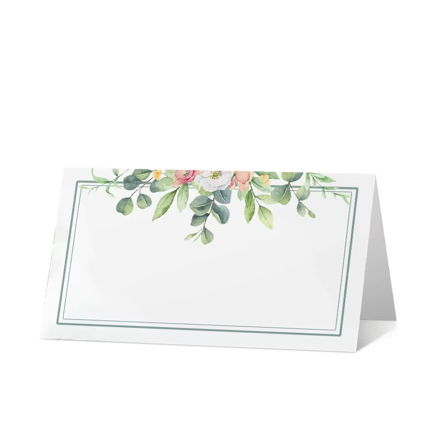 Blanko Tischkarten in Zeltform mit Aquarell-Blumen- und Eukalyptus-Design, Farbe: Weiß, B/H: 9 x 10 cm - Bild 3