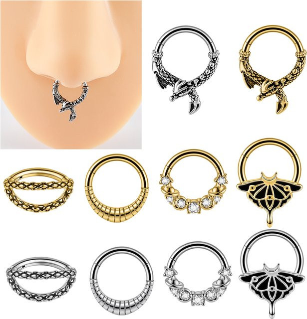 Nasenring Edelstahl, Schwarz, Schmetterling, Schlangen- und Drachenmotiv, Unisex - Bild 1