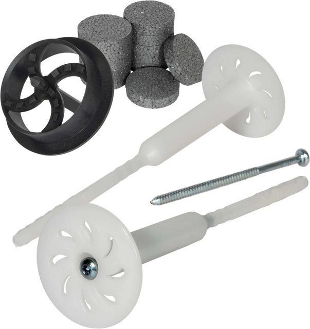 PROTEKTOR Dämmstoff-Schraubdübel Set mit Rondellen und Fräser, verzinkter Stahl, Weiß, Ø 8 mm x 260 mm - Bild 1