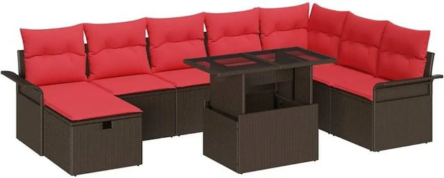 vidaXL Garten-Sofa-Set aus Polyrattan in Braun mit Kissen und integriertem Stauraum, 9-teiliges Lounge-Set für Terrasse und Garten mit Couchtisch und Ottoman in U-Form - Bild 1