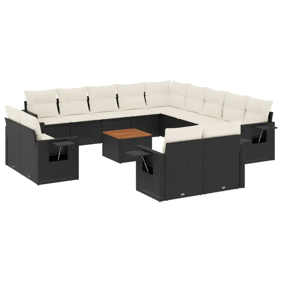 vidaXL 14-teilige Garten-Sofagarnitur aus Poly-Rattan und Akazienholz in Schwarz-Creme mit Kissen - Bild 2
