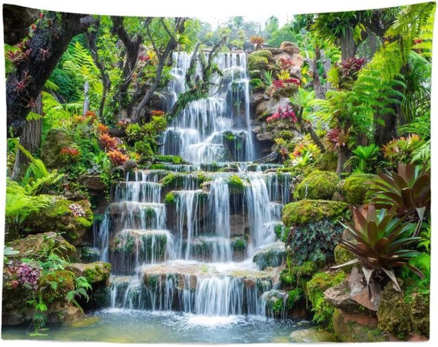 VIKAMA Wandteppich mit Naturmotiv Wald, Garten und Wasserfall in Mehrfarbig - Bild 1