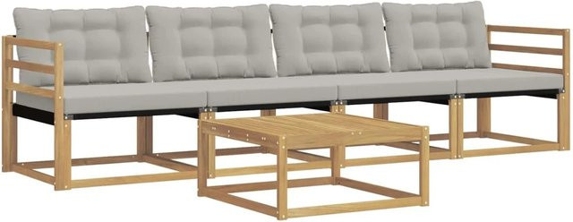 vidaXL Outdoor-Sofagarnitur aus Akazienholz mit Textilene-Bezug und Polsterkissen, 5-teilig, Weiß und Hellgrau, B/T/H: 79 x 79 x 37 cm - Bild 1