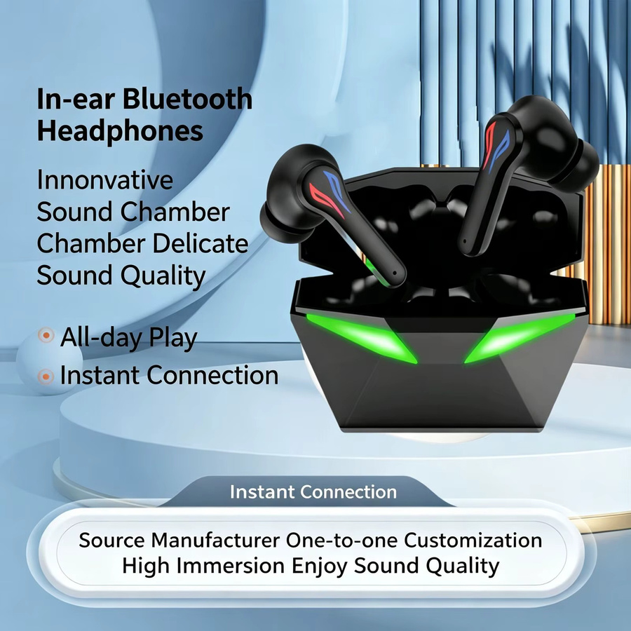 Dtobhars Bluetooth-Gaming-Ohrhörer in Schwarz mit niedriger Latenz, HiFi-Stereo und LED-Licht, wasserfeste In-Ear-Kopfhörer für Sport und Bass-Liebhaber - Bild 2