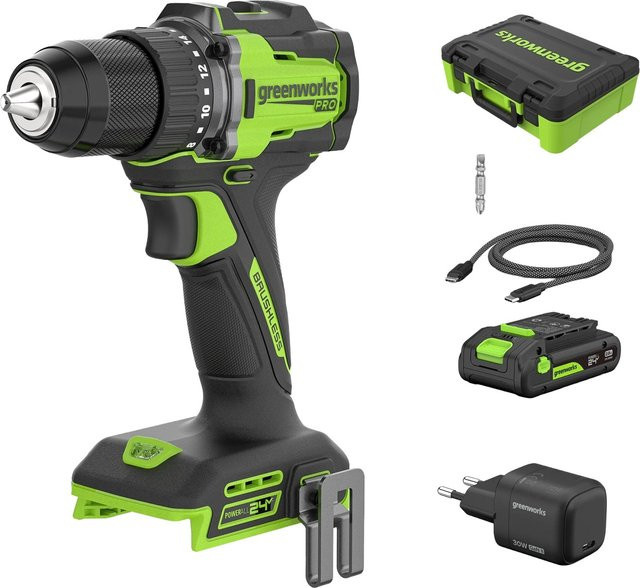 Greenworks Akku-Bohr- und Schlagbohrmaschinen-Set HD560A3 Pro 24 V mit 60 Nm in Schwarz-Grün - Bild 1