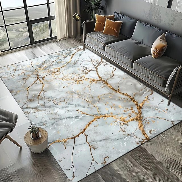 Karpetti Teppich Läufer mit Marmor-Design in Schwarz Weiß Gold, rutschfest und waschbar, B/T: 40 x 60 cm - Bild 1