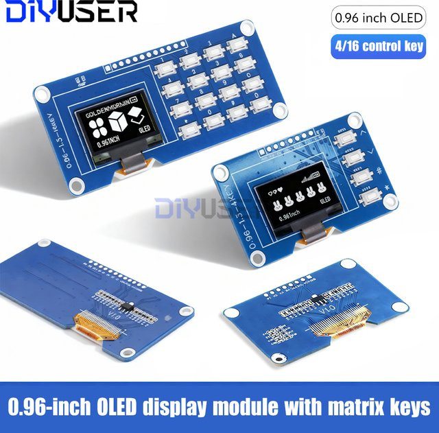 DIYUSER OLED-Displaymodul 0,96 Zoll mit 4x4 Tastatur für Raspberry Pi, 128x64 Pixel, SSD1315-Treiber, I2C/SPI, Blau/Weiß - Bild 1