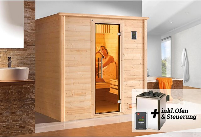 Weka Massivholzsauna Bergen 2 in Beige mit 2 Sparsets und 7,5 kW Heizung sowie OS Glastür, B/H/T: 198 x 203,5 x 198 cm - Bild 1