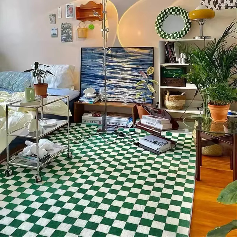 VIKAMA Schachbrett Teppich in Grün für Wohnzimmer und Schlafzimmer im modernen Nordic-Design - Bild 2