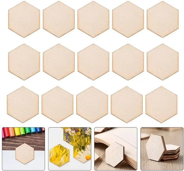 Sechseckige Holzspäne aus Naturholz in Beige für DIY-Kunsthandwerk und Dekoration, 50 Stück - Bild 1