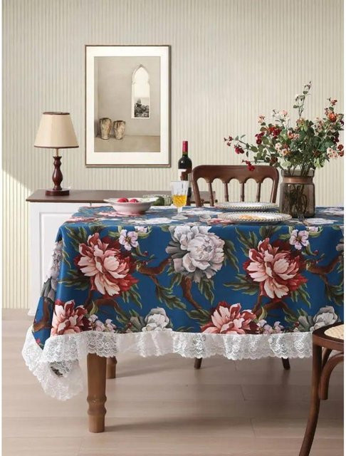 Wasserdichte Tischdecke von Super Six mit Blumen- und Vogelmuster in Grau und Weiß, Anti-Rutsch und Verschleißfest, B/B: 132 x 132 cm - Bild 1
