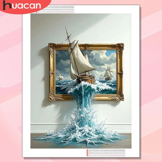 HUACAN Diamantmalerei Segelboot-Landschaft als Fenster-Mosaik in Blau, Handgefertigte Strass-Wanddekoration mit Leinwand - Bild 1