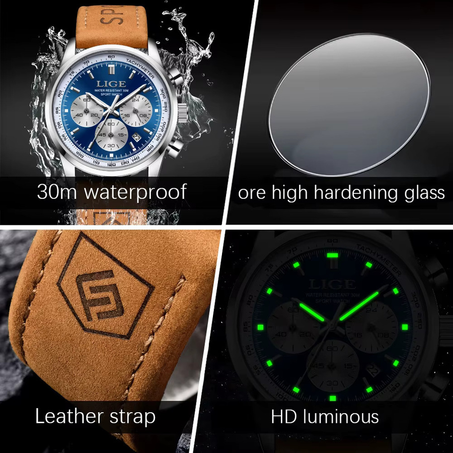 LIGE Armbanduhr Chronograph, Quarz, Leder, Schwarz, Herren - Bild 4