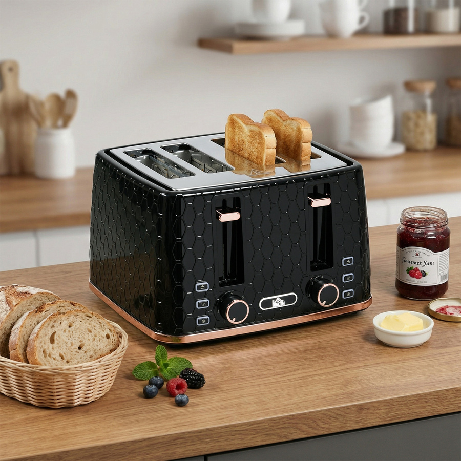 HOMCOM Toaster für 4 Scheiben aus Edelstahl in Schwarz mit Brötchenaufsatz, 7 Bräunungsstufen, Auftau- und Aufwärmfunktion sowie Krümelschublade und 1860W Leistung - Bild 2