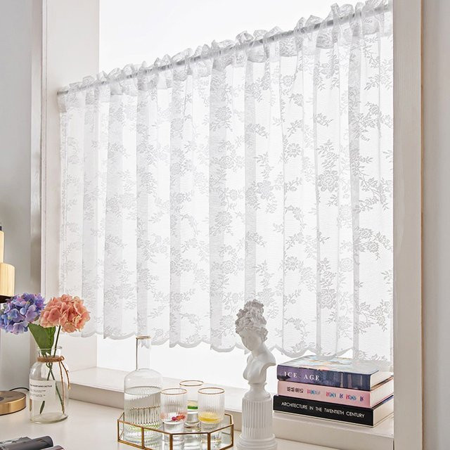Kurzer Vorhang aus weißer Blumenspitze mit gewelltem Rand für Küche und kleine Fenster, Farbe: Weiß - Bild 1