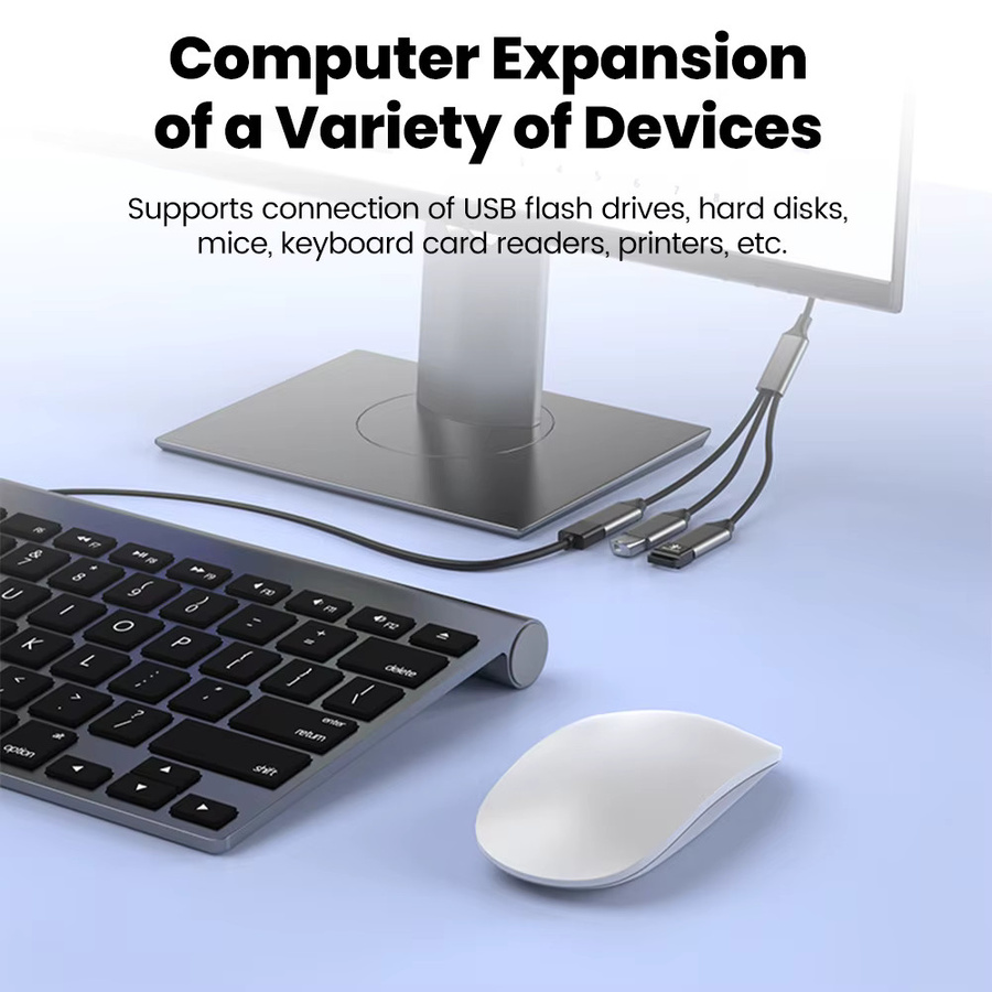 elough 3-in-1 USB-Splitterkabel Adapter in Silber mit USB-A und USB-C Anschlüssen für PC, Drucker und U-Disk - Bild 4