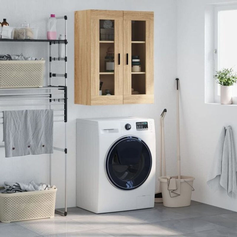 Wandschrank Vidaxl in Sonoma-Eiche Natur mit Drehtüren und Glaselementen, B/T/H: 69,5 x 34 x 90 cm - Bild 1