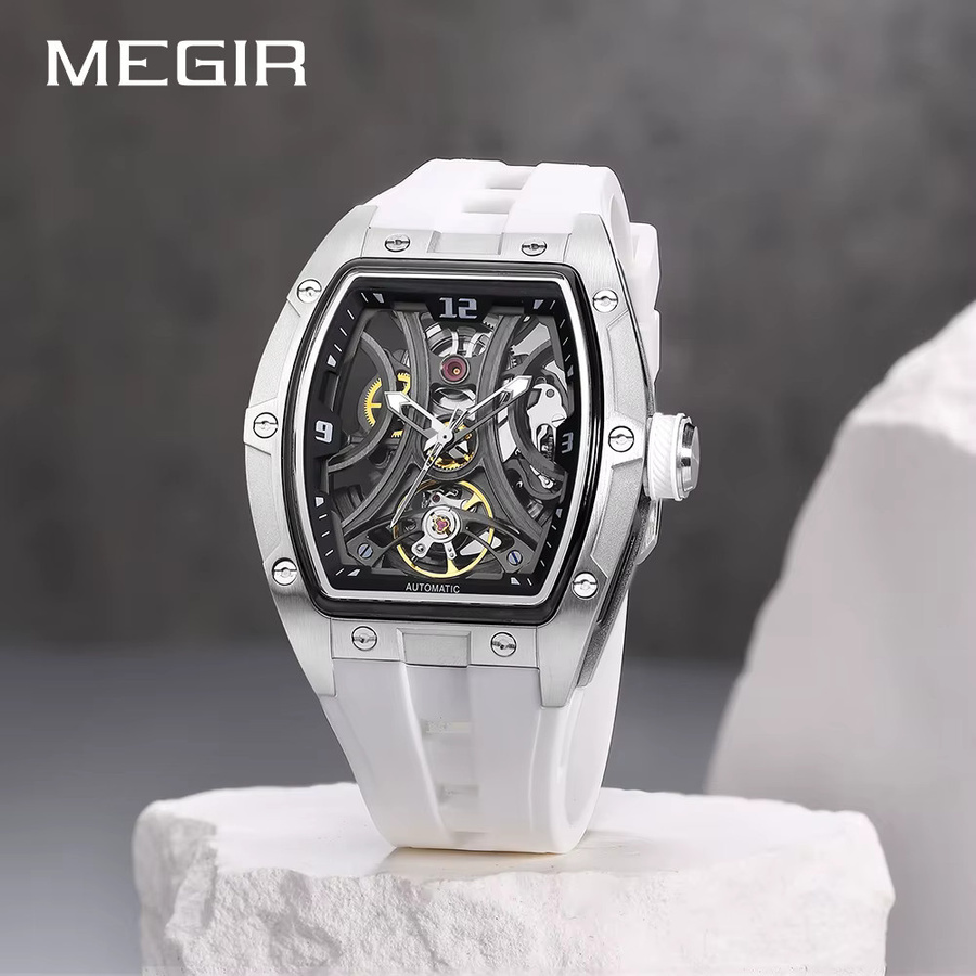 MEGIR Armbanduhr Automatik, Tonneau, Weiß, Silikon, Herren - Bild 2