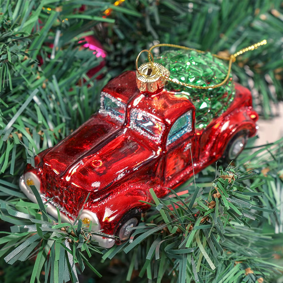 Mundgeblasener Weihnachts-LKW aus Glas als hängendes Ornament in Rot - Bild 4