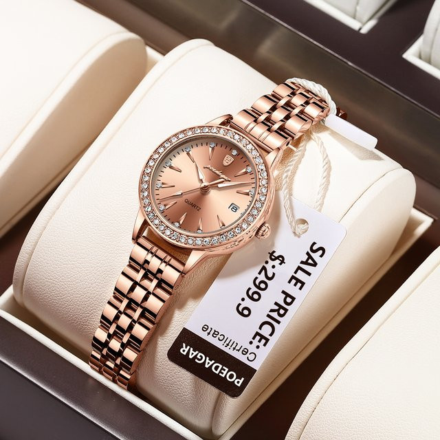 POEDAGAR Armbanduhr, Quarz, Edelstahl, Roségold, Diamantbesetzt, Damen - Bild 1