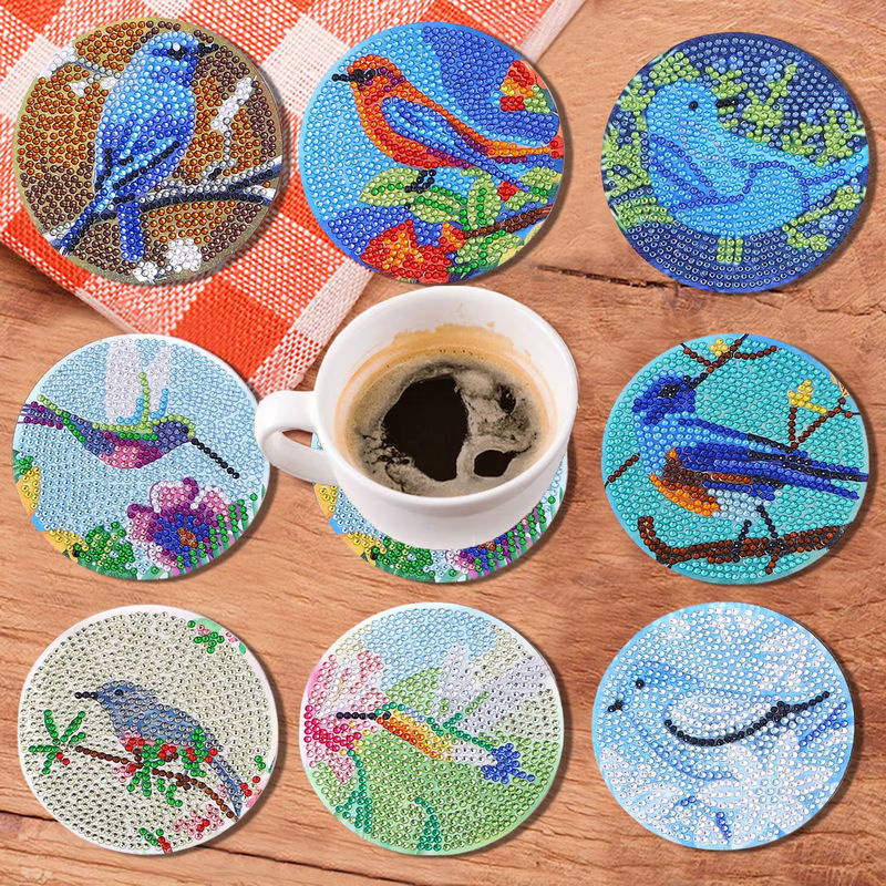 8-teiliges DIY-Diamant-Malerei-Kunstset mit Vogelmuster und Untersetzern in Multicolor für Mosaik-Kristall-Projekte - Bild 3