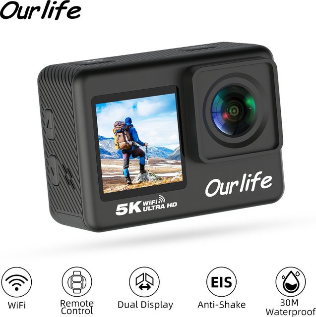 Ourlife 5K Actionkamera mit 4K60FPS, 2,0 Zoll Touchscreen, WiFi und 170° Weitwinkel, wasserdicht bis 30m, Farbe: Schwarz - Bild 1