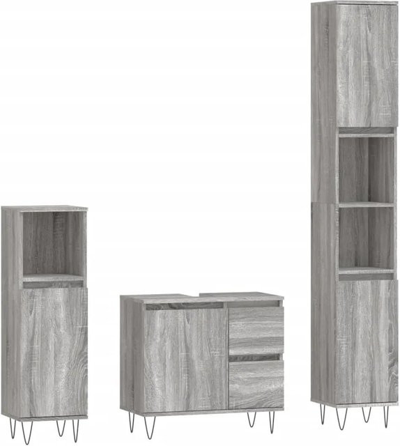 vidaXL 3-tlg. Badmöbel-Set modern in Sonoma Grau mit Badschrank, Waschbeckenunterschrank und Regalschränken - Bild 1