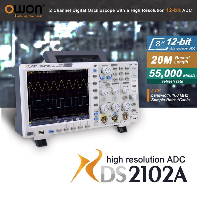 OWON XDS2102A Digitales Oszilloskop mit 100 MHz, 1GS/s, 2 Kanälen, 12-Bit-ADC und 8-Zoll-LCD in Grau - Bild 1