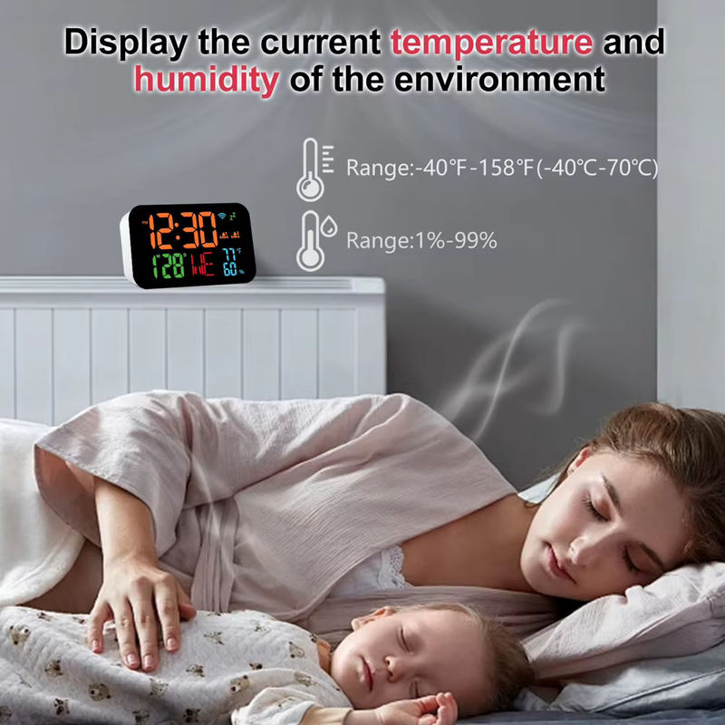 Tuya Smart Desktop Uhr mit Kalender, digitalem LED-Display, Thermometer und Hygrometer, WiFi-Unterstützung mit Auto-Kalibrierung, Weiß - Bild 6