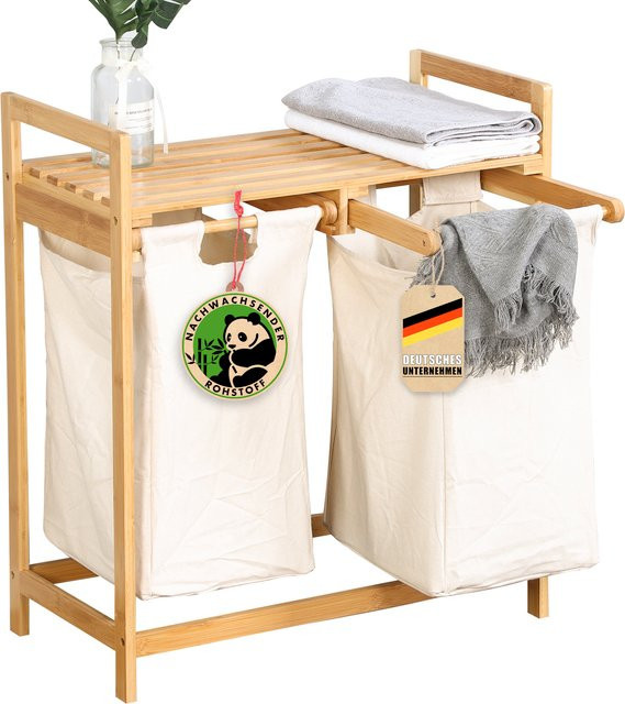 FLOORDIREKT Wäschekorb Dakota Wäschesammler aus Holz in Braun mit 2 Fächern und Deckel - Bild 1