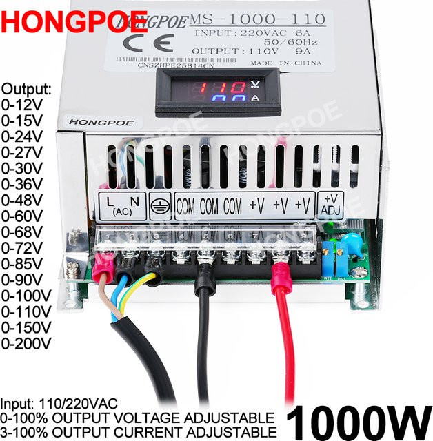 Einstellbares AC zu DC SMPS Netzteil mit Digitalanzeige, 1000W, 0-200V, Farbe: Silber - Bild 1
