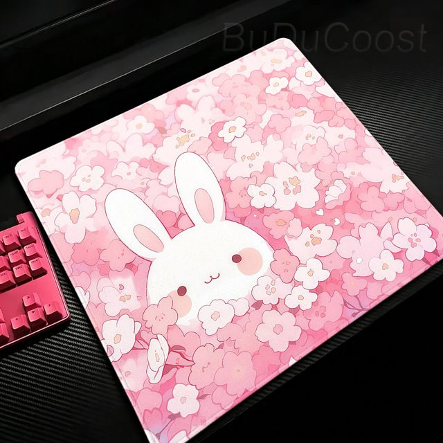 BuDuCoost Kawaii Anime Mauspad mit Hasen-Motiv in Pink, rutschfeste Schreibtischunterlage für Gamer und Büro - Bild 1