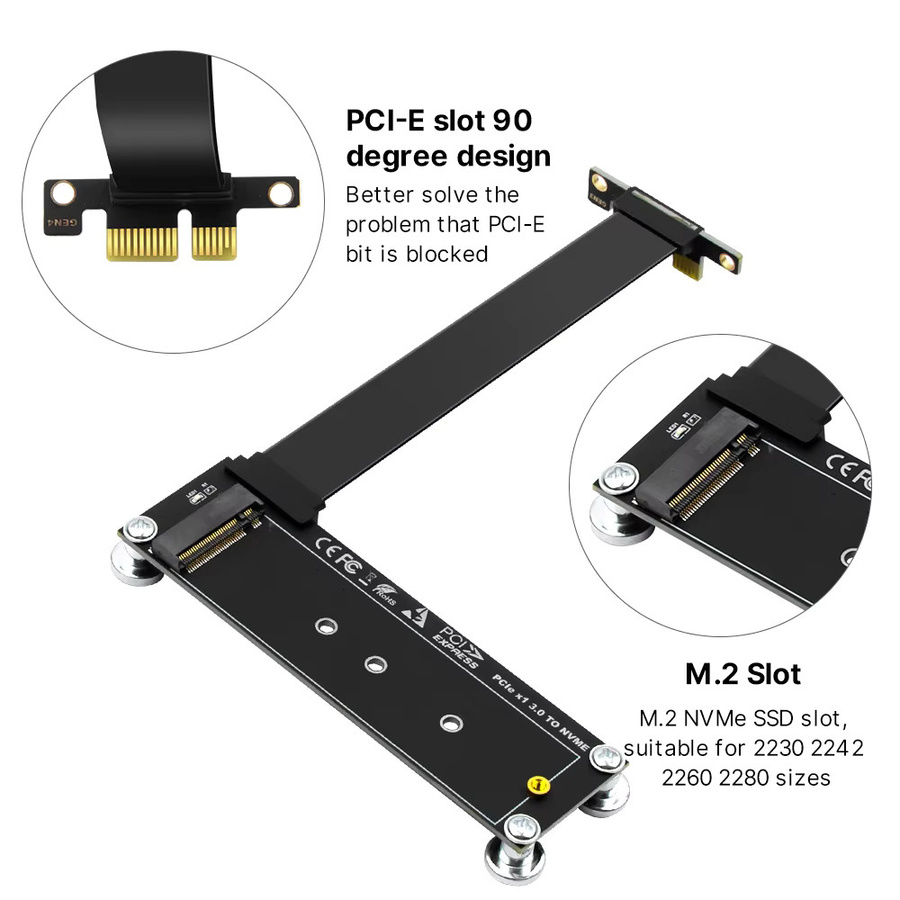 Fenvi PCI-E 3.0 x1 auf M.2 NVMe SSD Riser-Kartenadapter mit Verlängerungskabel in Schwarz für Desktop-PC - Bild 2