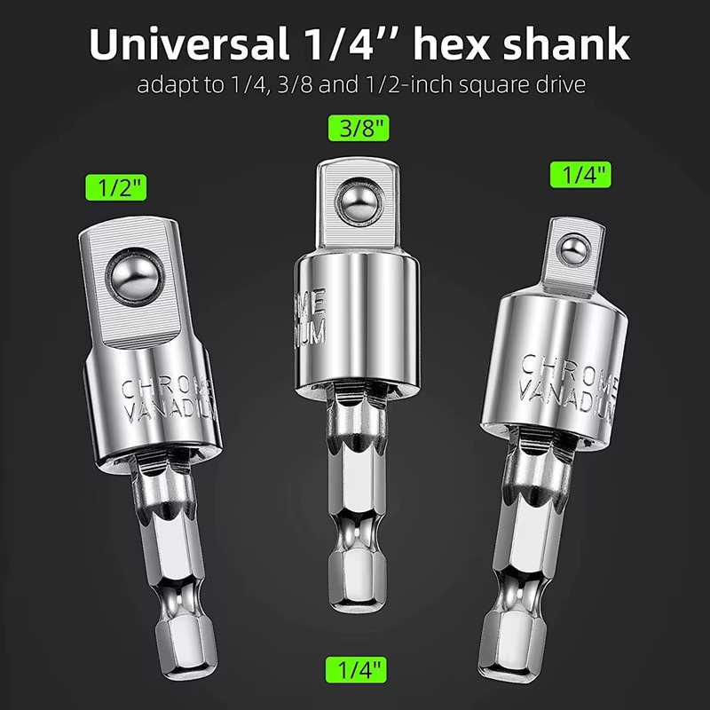 3er Set JUSTINLAU Universal Adapter Set für elektrische Bohrer und Akkuschrauber, 360 Grad Drehung, Sechskant auf Vierkant Adapter, Schwarz - Bild 2
