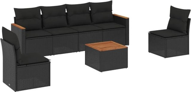 vidaXL 7-tlg Garten-Sofagarnitur aus Poly Rattan und Akazienholz in Schwarz mit Kissen - Bild 1