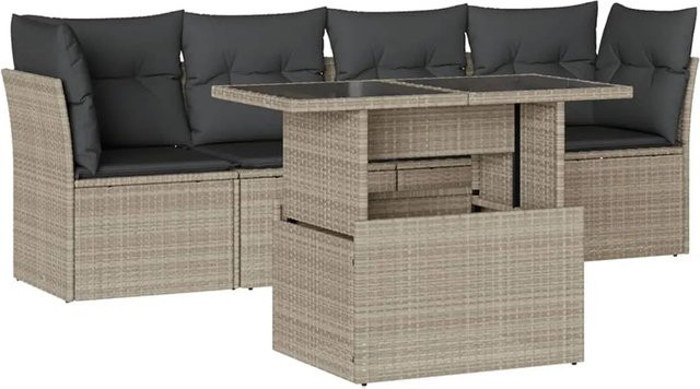 vidaXL 5-teilige Garten-Sofagarnitur aus Polyrattan in Hellgrau mit Tisch und Kissen in L-Form - Bild 1