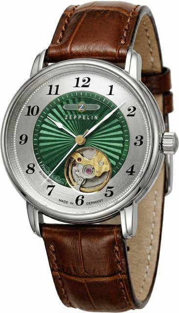 Zeppelin Armbanduhr Automatik, Edelstahl, Leder, Grün, 36 mm, Unisex - Bild 1