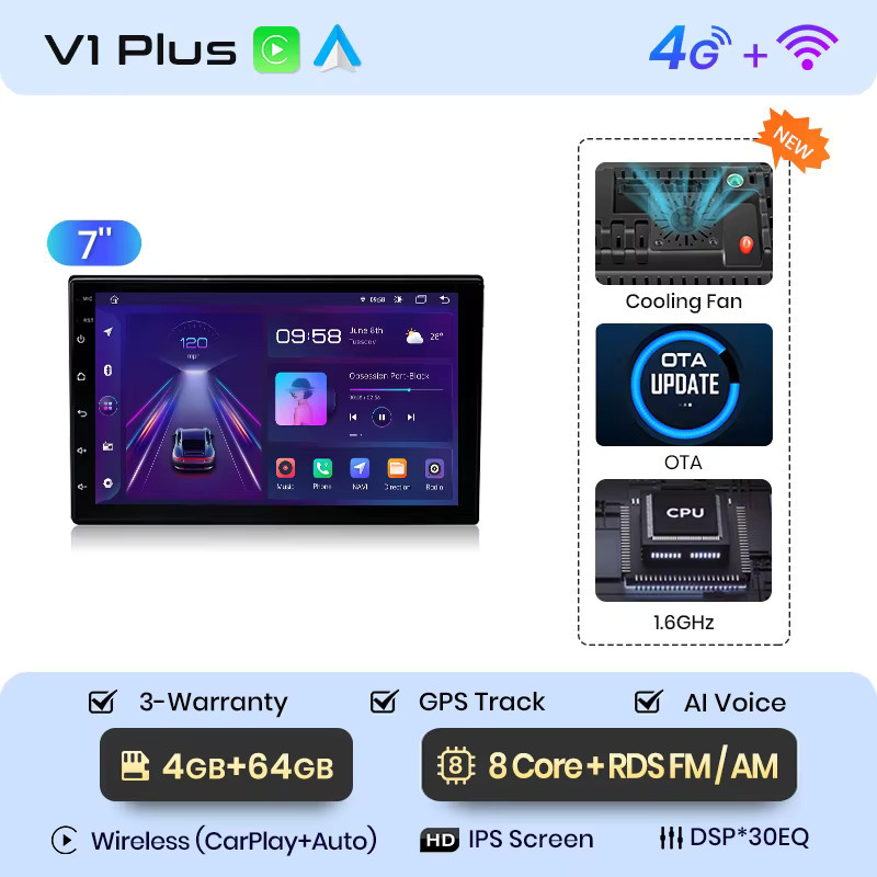 Junsun Universelles Autoradio mit 4G WIFI und IPS-Bildschirm für Android Auto und kabelloses CarPlay, 8-Kern Multimedia-Player in Schwarz - Bild 6